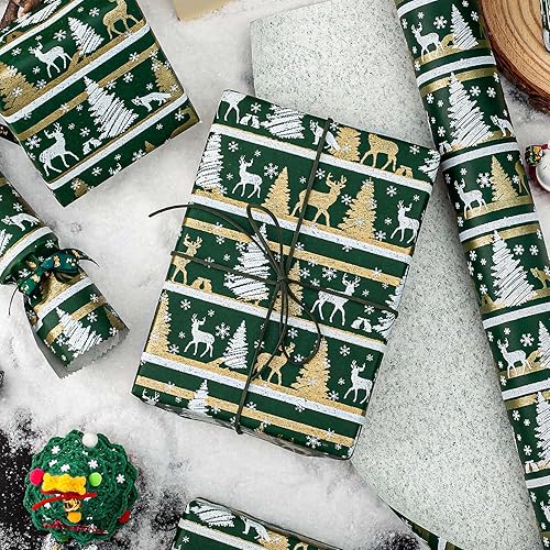 Miniatura 62 de Yarcony Papel kraft de regalo de Navidad, papel de regalo negro, árboles de Navidad de lujo, renos, copos de nieve, papel de estraza resistente