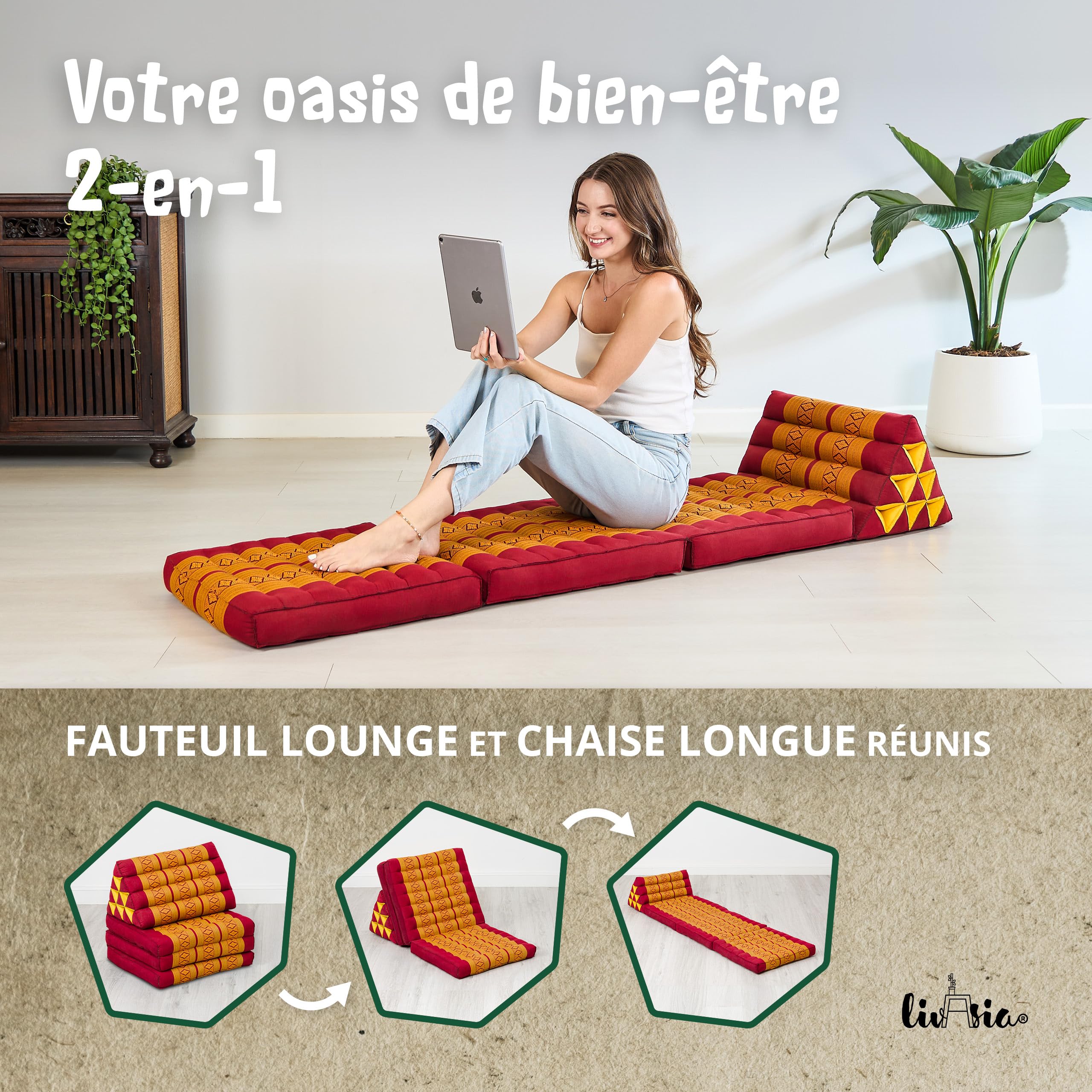 Livasia Coussin thaï à 3 Blocs - 175x50x8cm - Triangle avec Matelas Pliable, Biseau kapok, Coussin de Soutien Dorsal Pliables, Tapis thaï Pliable, Fait Main (Rouge/Jaune)