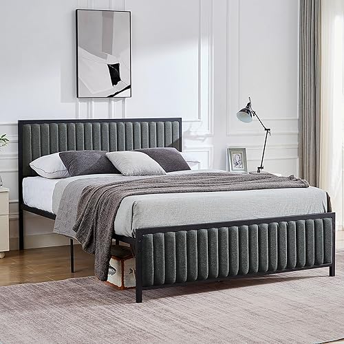 Miniatura 3 de VECELO Base de cama tamaño matrimonial con cabecera y estribo tapizados, plataforma de listones de acero resistente, no necesita somier, color gris