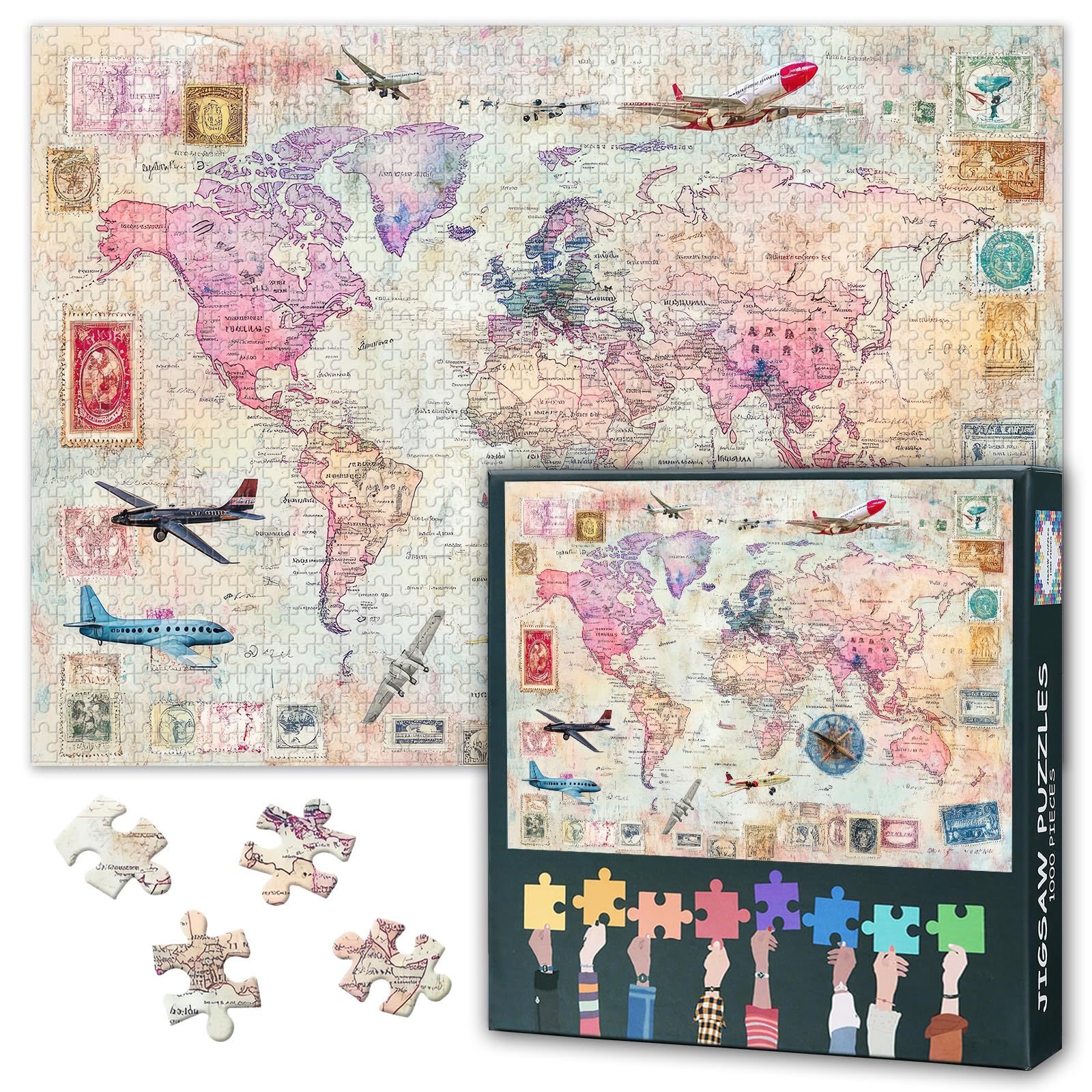 Vintage World Map Puzzles for Adults 1000 Pieces, Maps with Antique Airplanes and Stamps Jigsaw Puzzles, Adult Puzzle for Adults, Educational Fun Games or Toys for Elders Friends 20X27 INCH