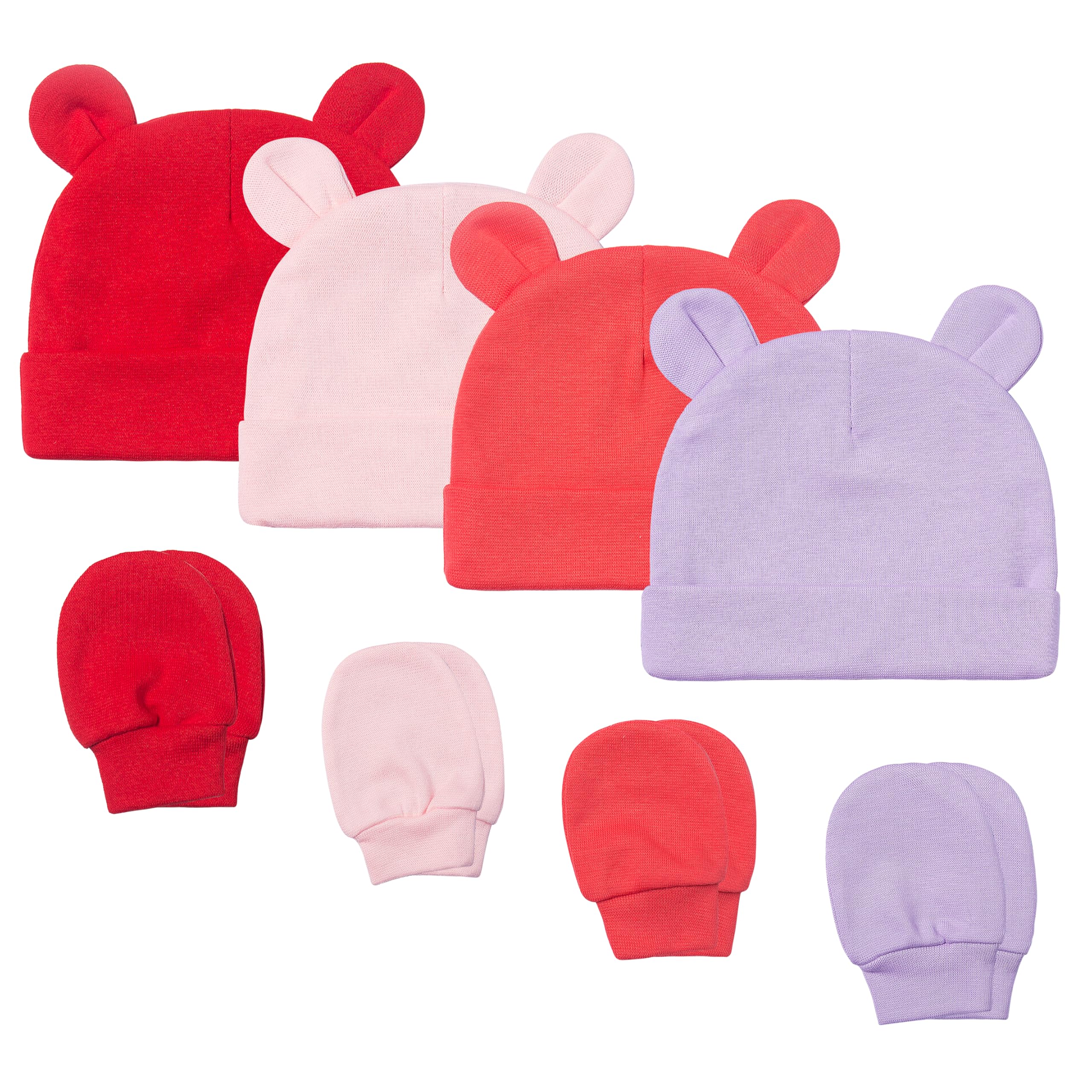 FITFIFTH POD Baby Girl Boy Cotton Cute Beanie Hat 0~6Months Double Layer Fabric 8PCS Infant Bear Ears Cap Anti-Scratch Gloves