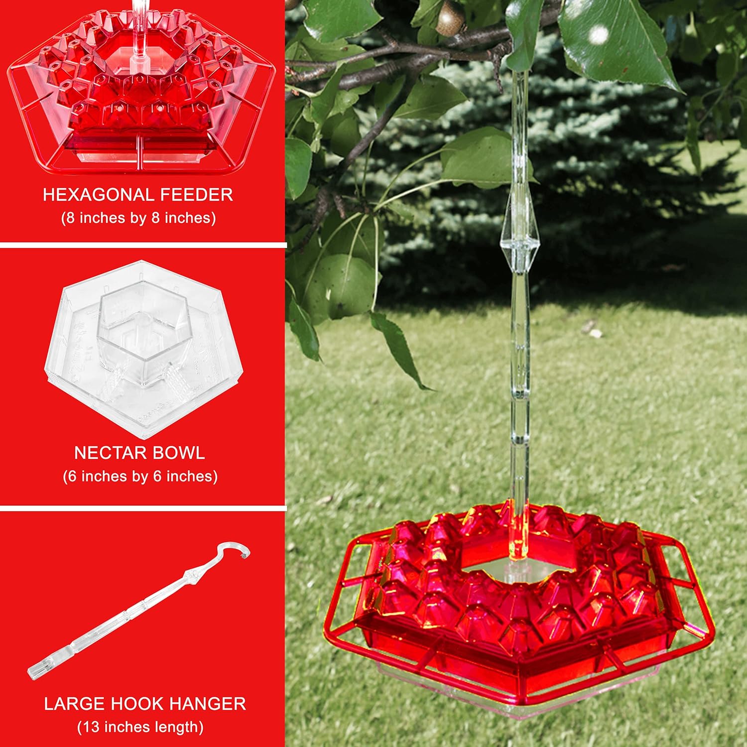 Lil Sweety Hummingbird Feeders | Outdoor Hanging Leak-Proof Feeder w/ 30 Feeding Ports | Built-in Moat, Feeding-Weather Proof & Easy-Filling System | 12-Oz Capacity | Made in The USA | Red