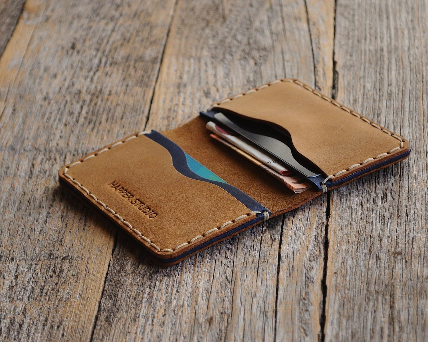 PERSONALIZED Leather Wallet. Tan Brown and Blue Credit Card, Cash or ID Holder. Rustic Style Unisex Pouch. Monogram your Name or Initials
