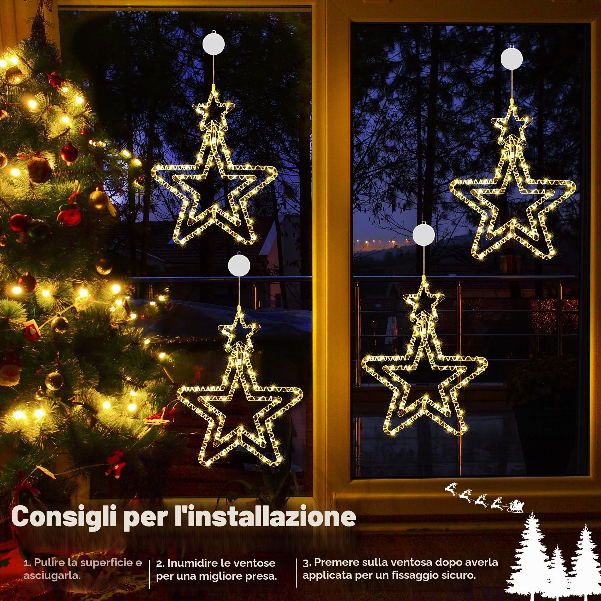 BrizLabs Luci a Stella di Natale, 4 Pezzi 48 LED Luci Natalizie per Interni a Batteria Girevoli 3D Stelle Luci Natale Decorazione per Finestra Esterno Matrimonio Balcone Festa, Bianco Caldo