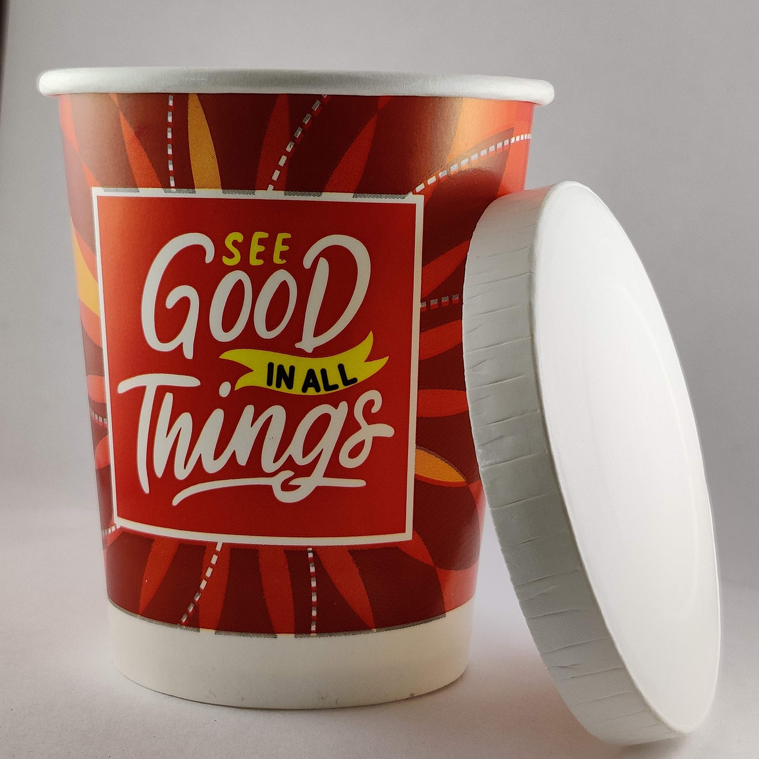 PARICOTT 240ml (8oz) – 100 Cups | Good Things Printed Paper Cups with Lids | Disposable Party Cups for Hot & Cold Beverages – Tea, Coffee, Juice | Leak-Resistant, Eco-Friendly, Use & Throw