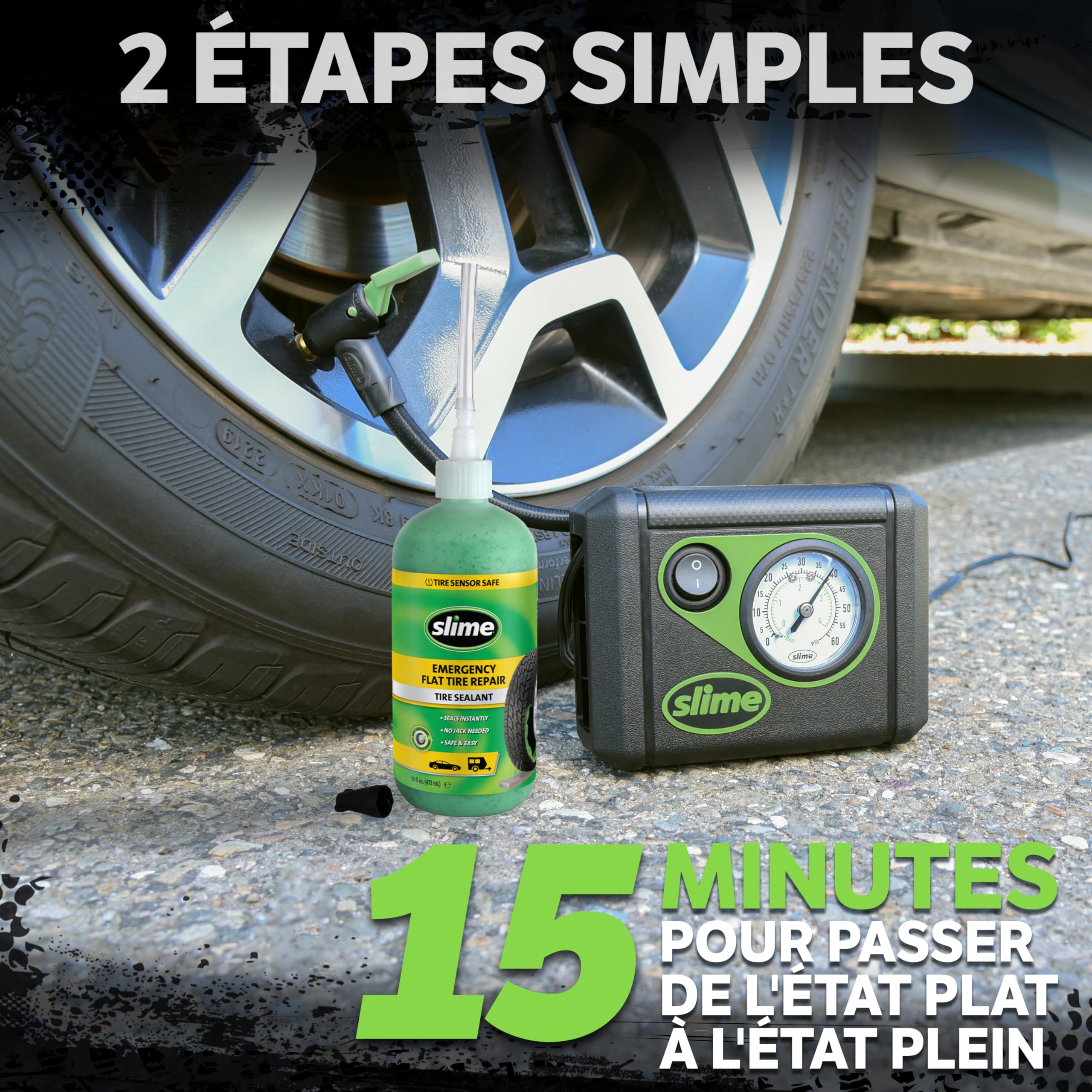 Slime CRK0305-IN, Réparation de Crevaison, Smart Repair, Kit d’Urgence Pneus Voitures, Comprend Le Produit Anti-crevaison et la Pompe, pour Voitures et Autres Véhicules Routiers, Réparation en 15 Min