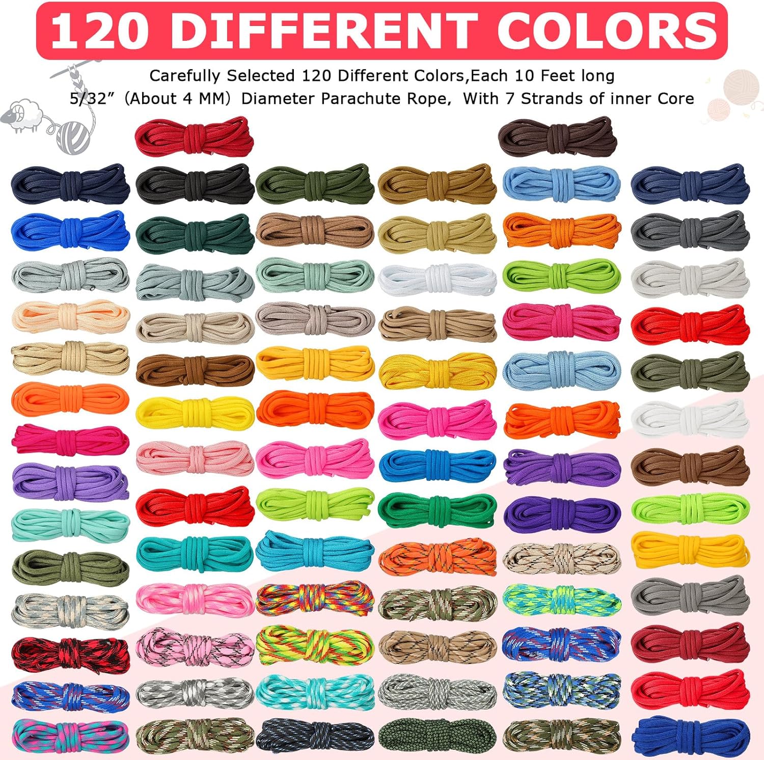 Riakrum 120 Pcs Paracord 550 10 Feet Multifunction Paracord Rope Parachute Cord with Drawstring Bag for Making Craft Lanyard Bracelets Dog Collar Keychain Gift Outdoor Camping