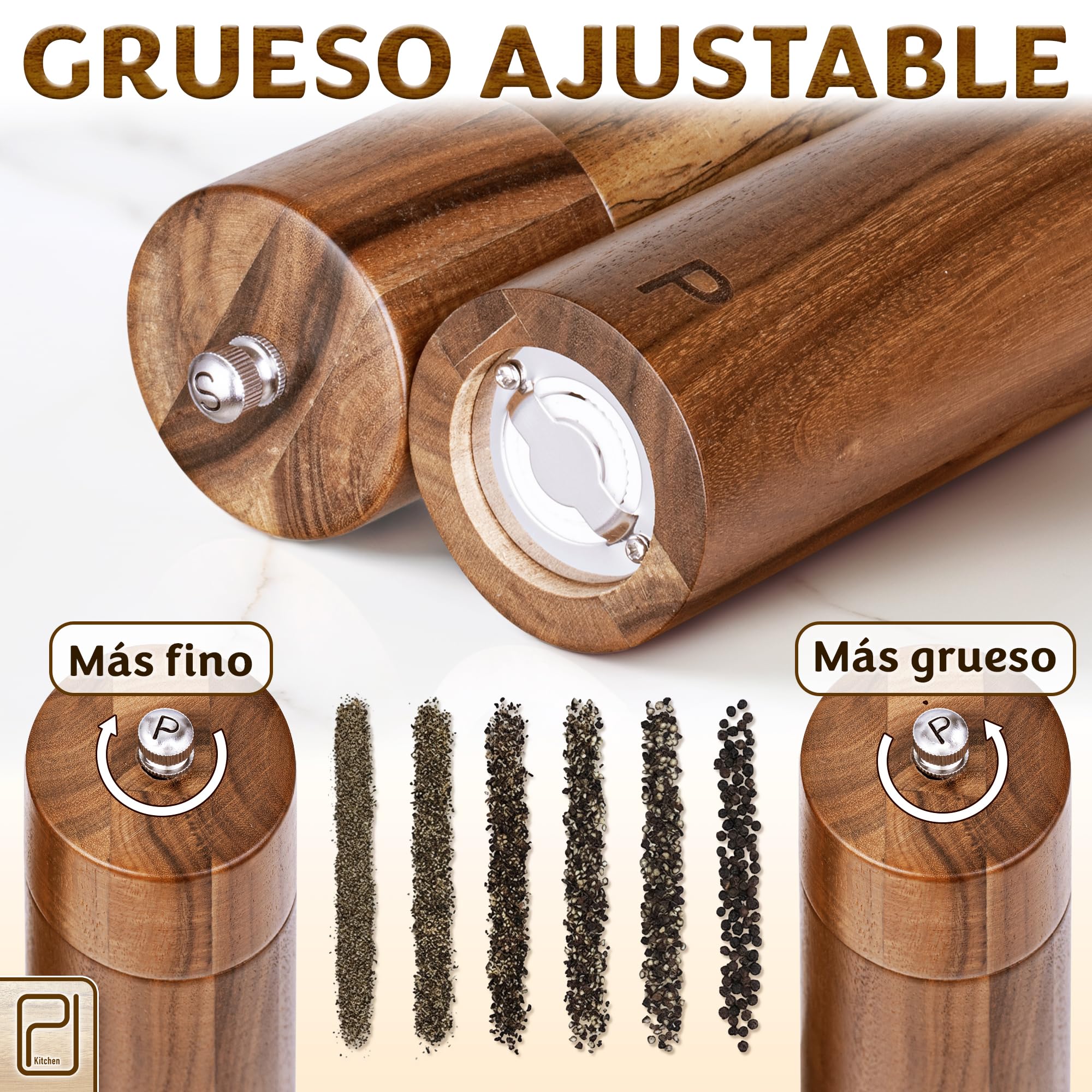 Juego de molinillos de sal y pimienta prémium - 28 g, molinillos de madera maciza deacacia - Molinillos manuales de sal gruesa y pimienta recargables - Moderno/rústico