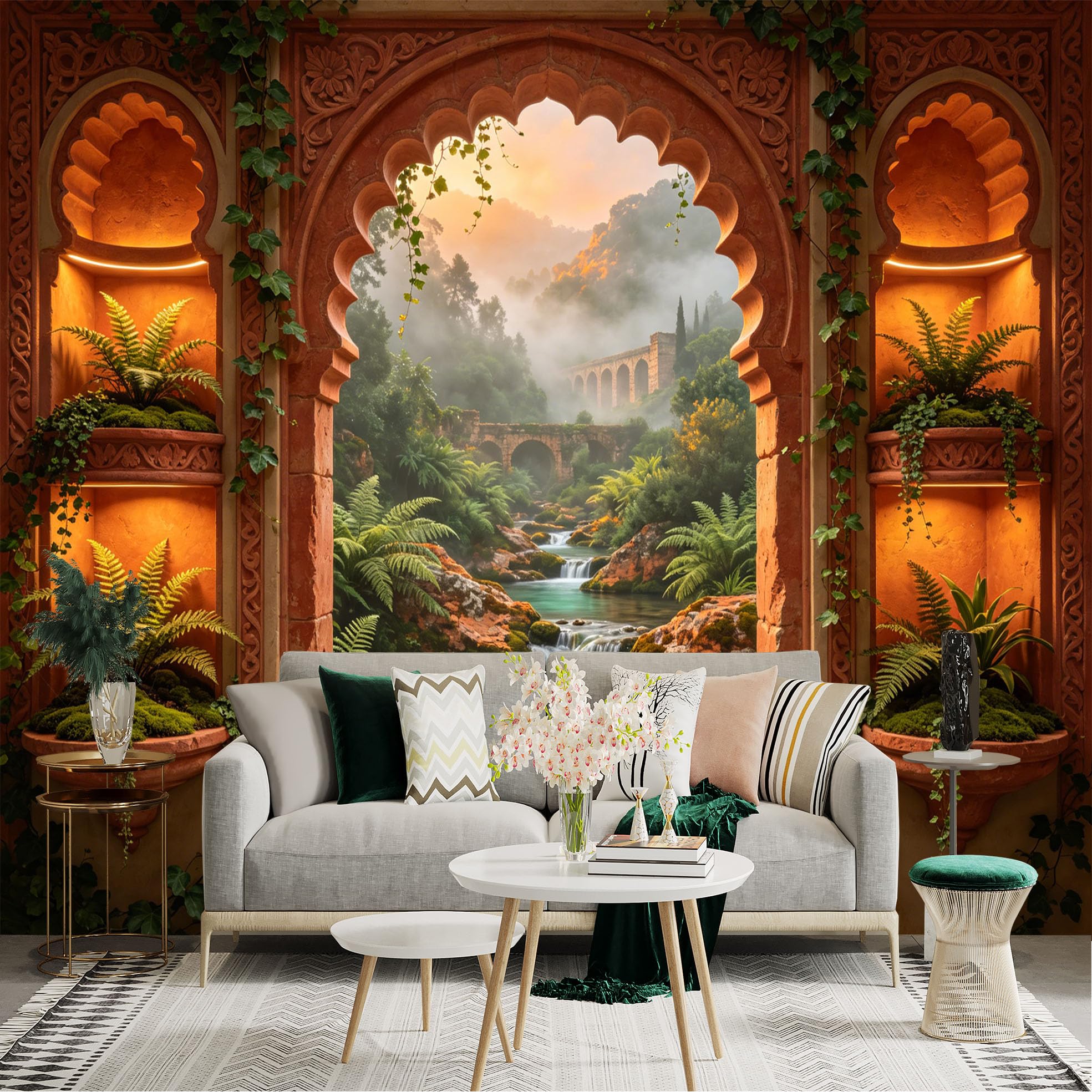 Lnzczhyre Dbh260521043 Custom Size Wall Sticker Mural， Arch Window With Tropical Forest， Misty Stream， Ancient Stone Bridge， Green Ferns， For Wall Decoration， Peelandstick Wall Decals.