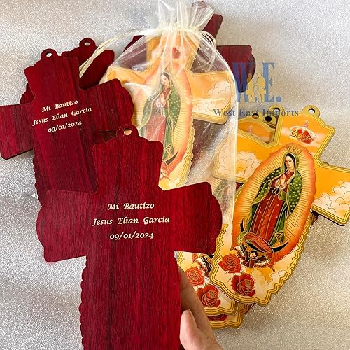 Miniatura 9 de Cruz de madera personalizada, 12 unidades, regalo de fiesta de bautismo de Nuestra Señora de Guadalupe, regalo para niño y niña, bautizo