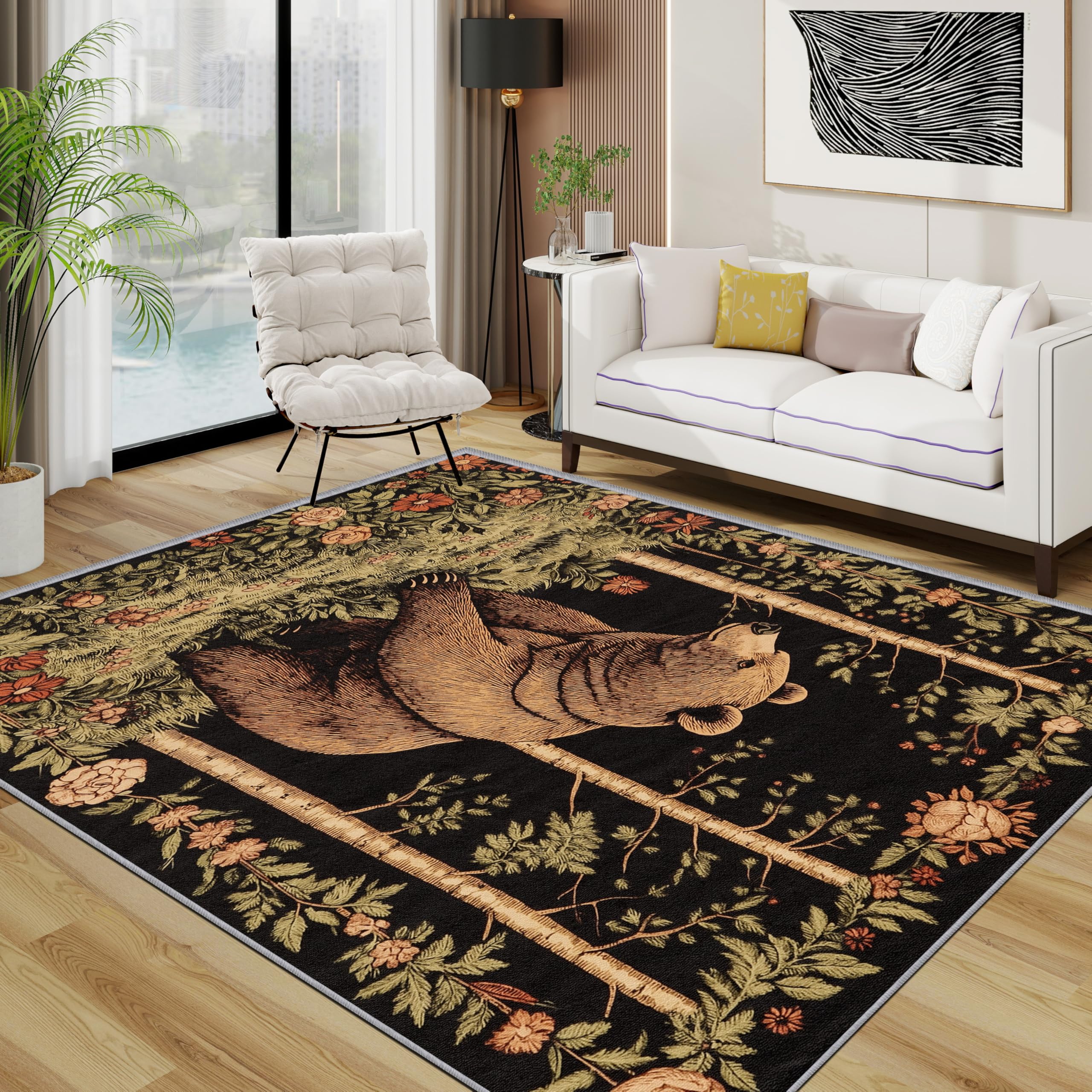 Bär Teppich 200x200 cm, Waldtiere Floral Waschbarer Teppiche Wohnzimmer, Rustikal Tierwelt rutschfest Antirutsch Groß Teppiche Für Esszimmer, Quadratisch, Braun