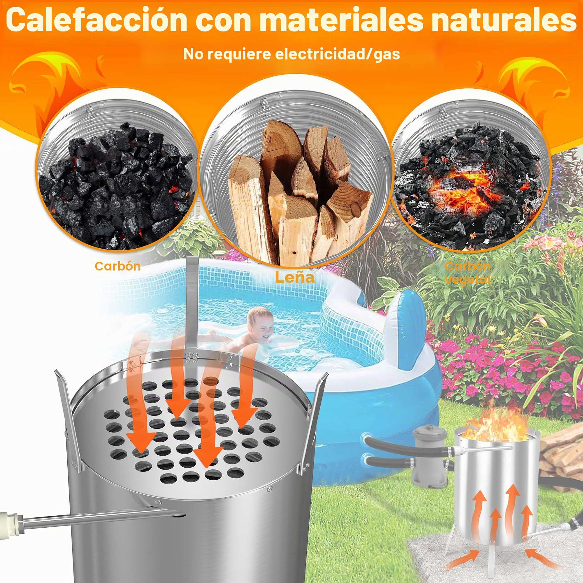 UISEBRT Calefacción para piscina con fuego Calentador de piscina Barrica de fuego de madera con espiral de calentamiento Ø 32/38 mm Conexión, calefactores de piscina Fabricados en 100% acero
