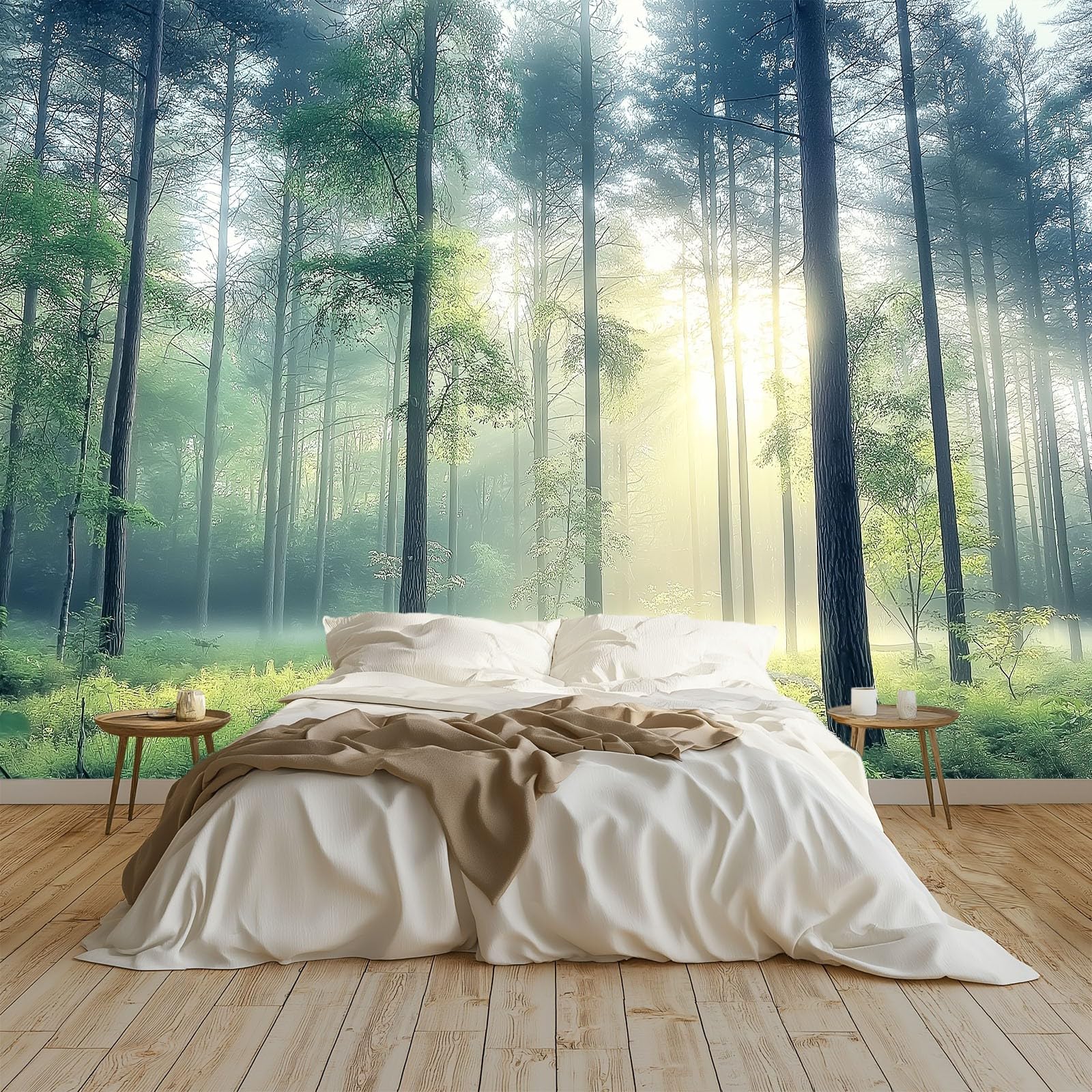 Papier Peint Intissé Paysage Forestier 300x210 cm Vert Foncé