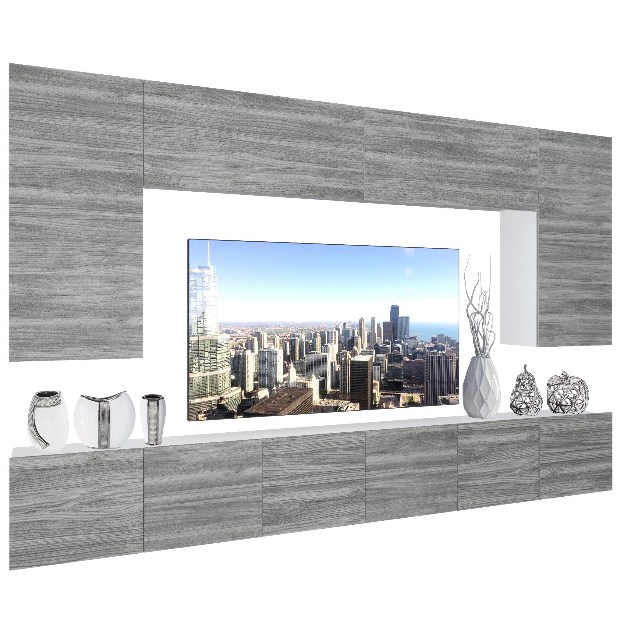 Belini - Set completo per soggiorno, moderna parete attrezzata con illuminazione a LED, mobile TV, design glamour, in legno