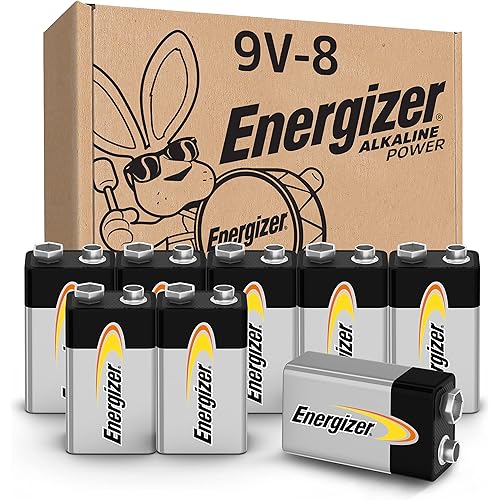 Energizer Alkaline Power 9 Volt Batteries (8 Pack), Long-Lasting Alkaline 9V Batteries