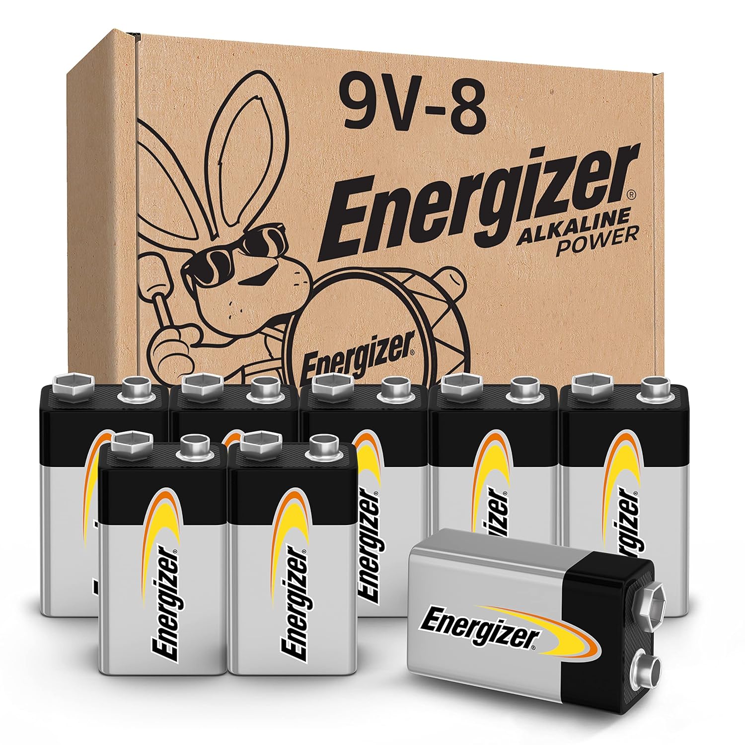 Energizer Alkaline Power 9 Volt Batteries 8 Pack Long-Lasting Alkaline 9V Batteries