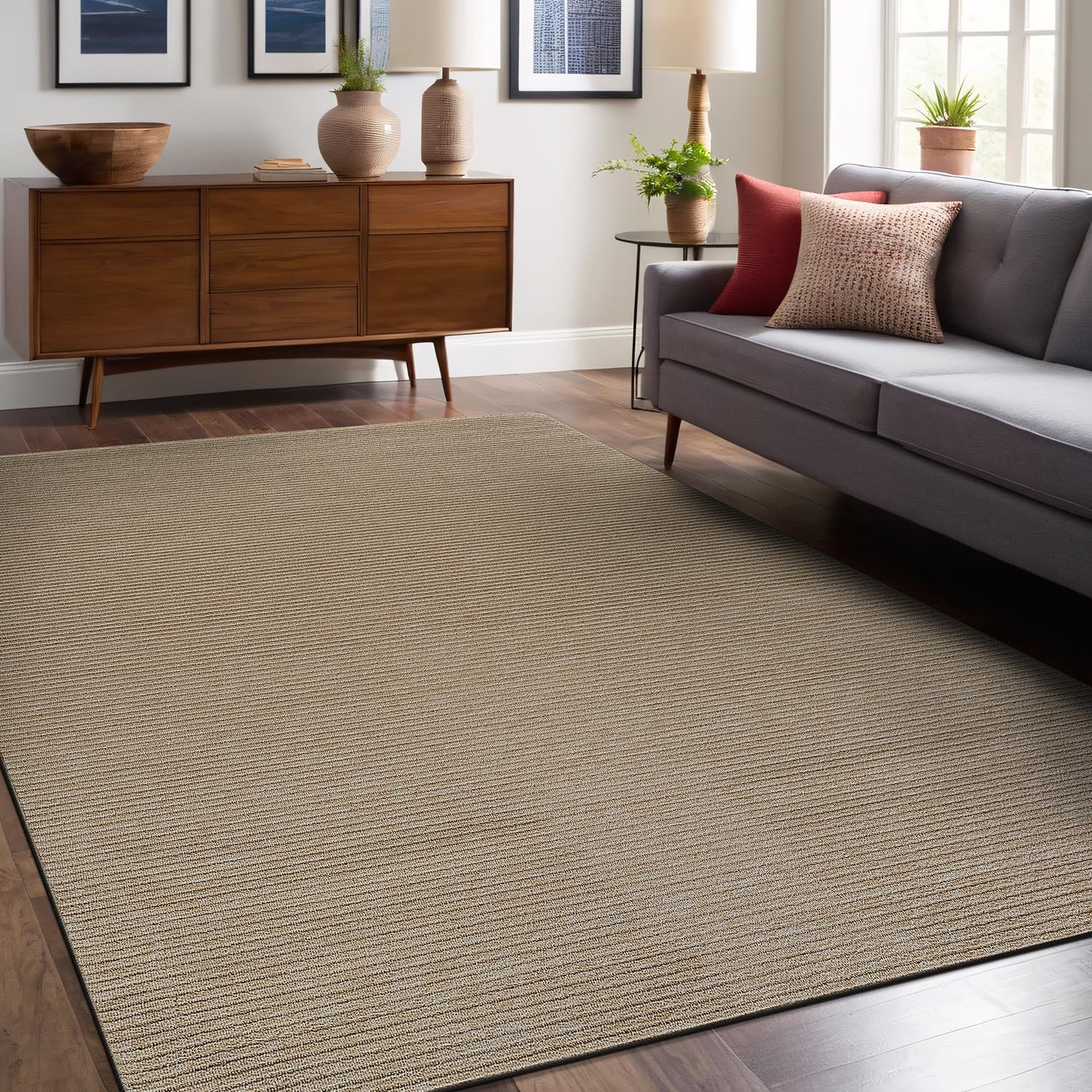 Luul Home Non Slip Beige Solid Rubber Back Thin Rug for Living Room 5x7 Area Rugs for Kitchen, Rugs for Bedroom, Stain Resistant Easy Cleaning Non