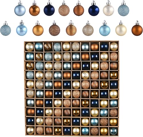 Valery Madelyn Juego de 100 mini adornos de Navidad para decoración de árbol de Navidad, bolas de Navidad inastillables de cobre azul y oro, adornos