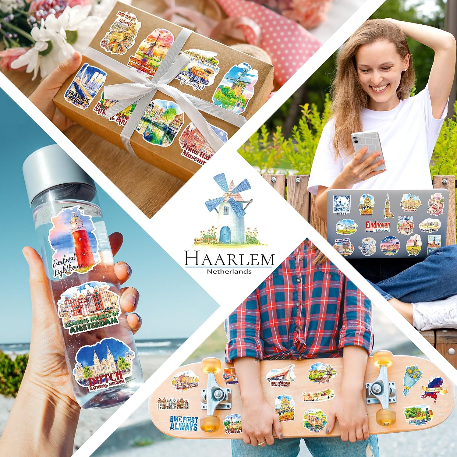 200 PCS Netherlands Travel Stickers, 100 Unique Dutch Landmark Designs, Watercolor Vinyl Decals for Water Bottles, Laptops, Scrapbooks, Journals, Souvenirs