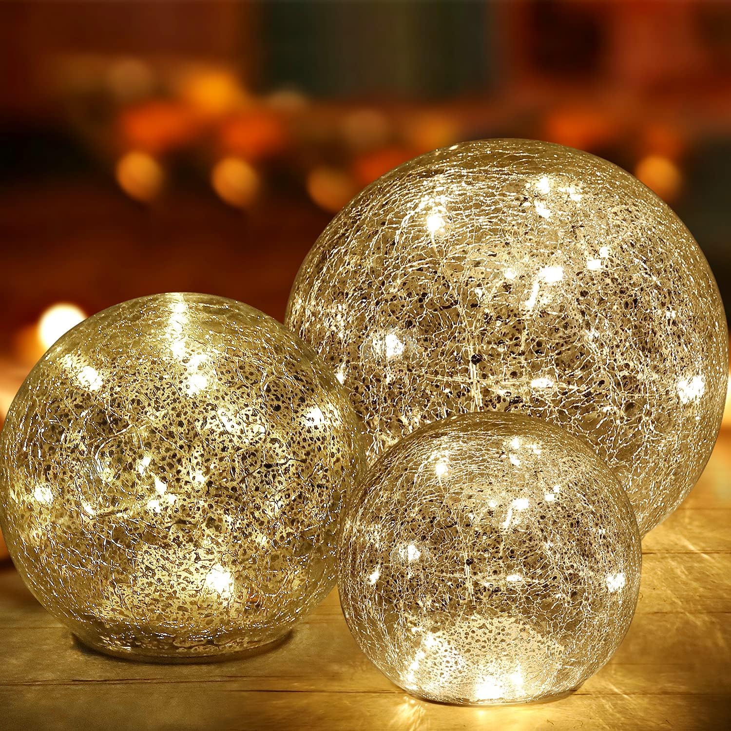Mercury Crackle LED Glass Globe Ball Lamp, Battery Operated Night Light for Girls, Birthday, Halloween,Christmas - Decorative Gift for Home Warm White (No Timer)