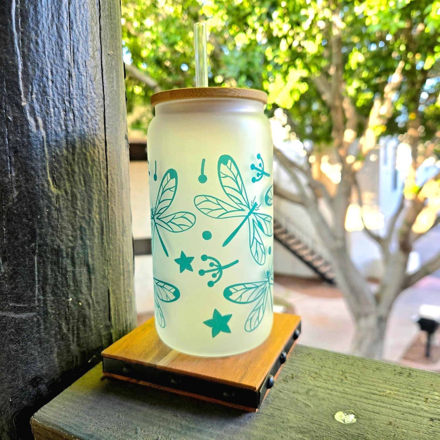Matte Finish Dragonfly Glass Tumbler with Bamboo Lid. Travel cup holder size - Hand crafted long lasting design full wrap Dragonfly pattern in Green - Image 2