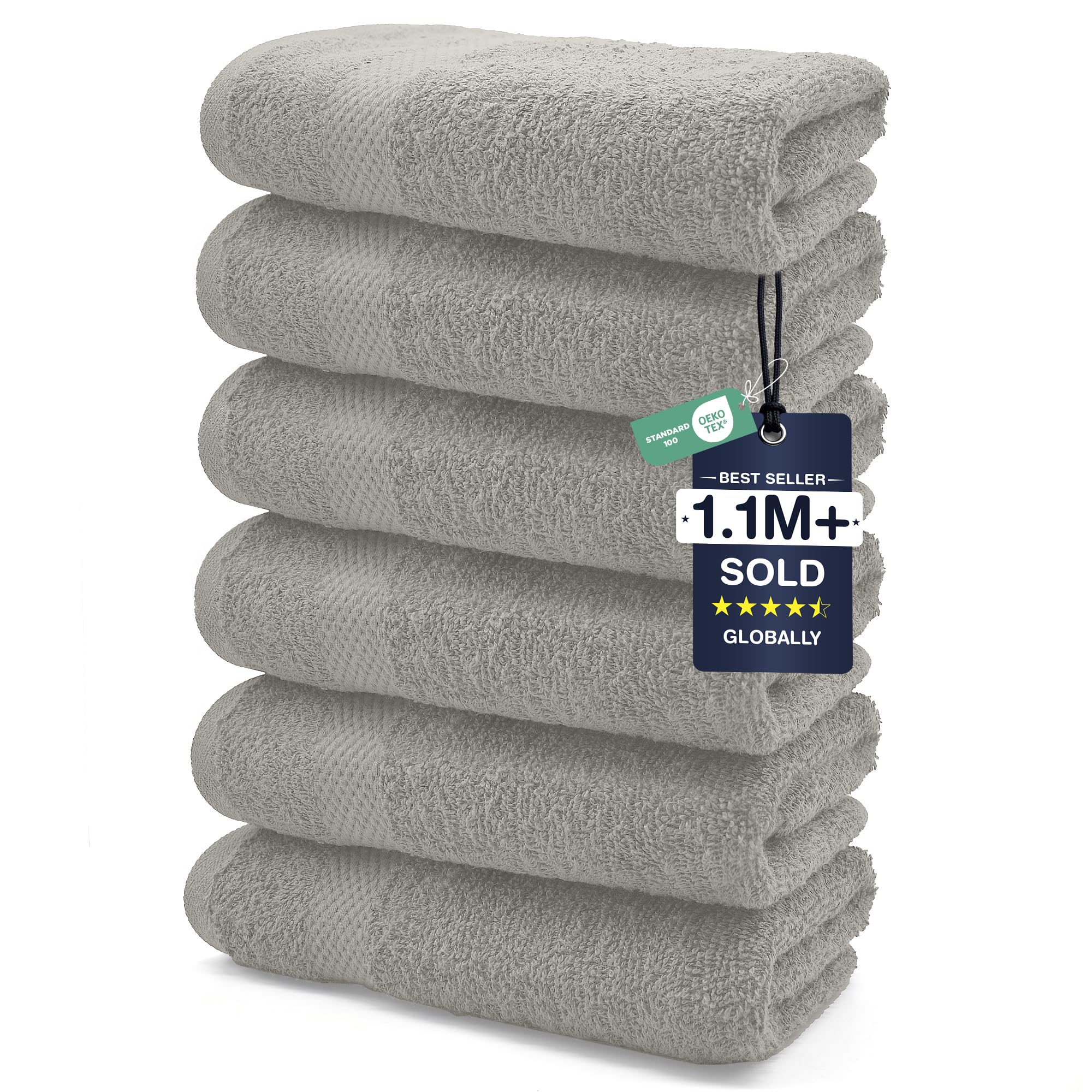 DAN RIVER 6-Pack Premium Hand Towels (16x28 Inches) - 100% Cotton, Ultra Soft, Lightweight, Highly Absorbent Towels for Bathroom, Spa, Gym, Salon, Hotel, and Travel - Silver