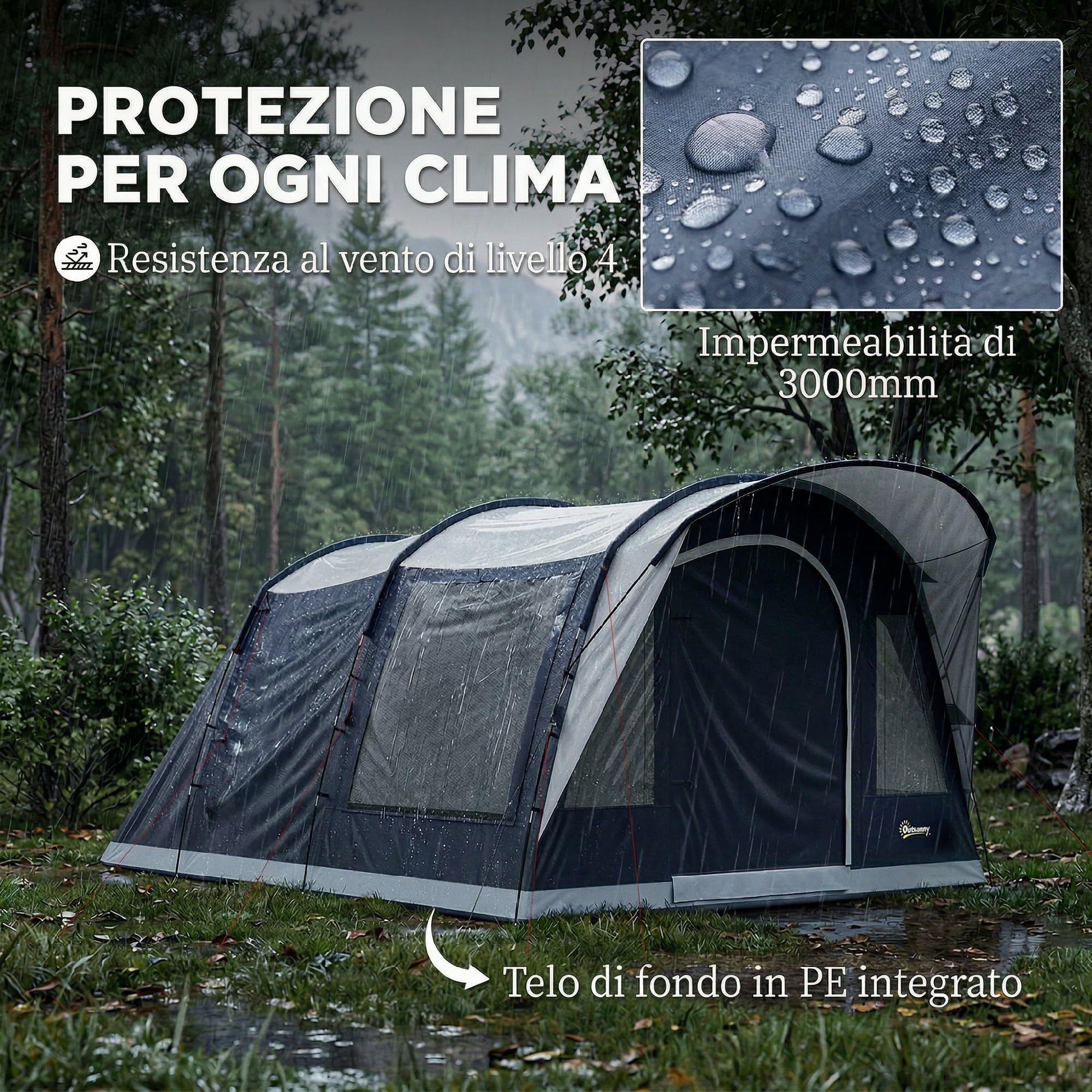 Outsunny Tenda Campeggio a Tunnel per 2-4 Persone Alta 213cm con 2 Stanze, Tenda da Campeggio Familiare Impermeabile 3000mm Veranda, Finestre, Tasche, Gancio, Borsa Trasporto per Trekking, Blu Navy