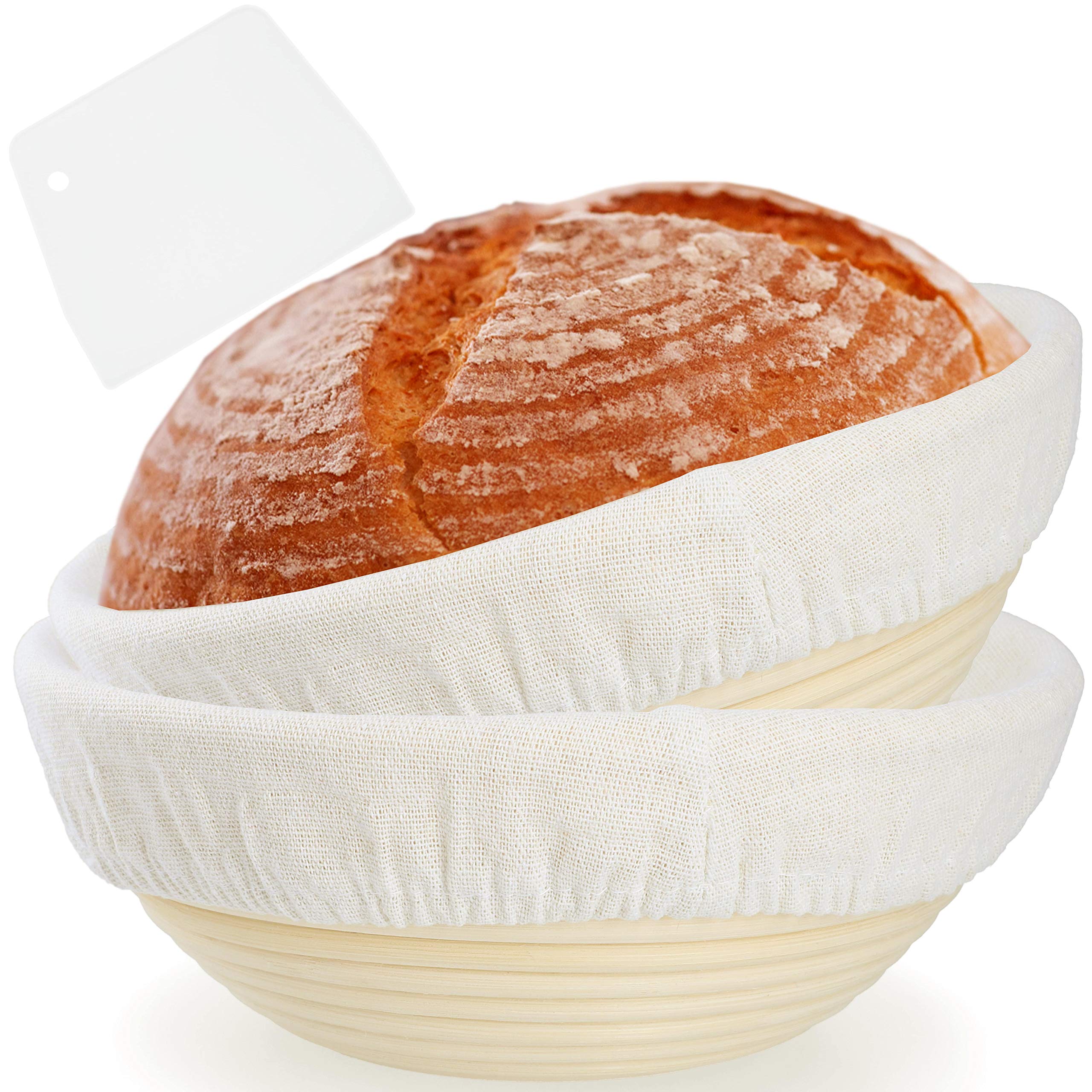 Banneton Bread Proofing Basket 9 Inch Set of 2-Washable Liner Cloth-Plastic Dough Scraper-A Starter Kit for Sourdough Bread Making-Ideal Proofing Bowl for Professional and Novice Home Bakers!