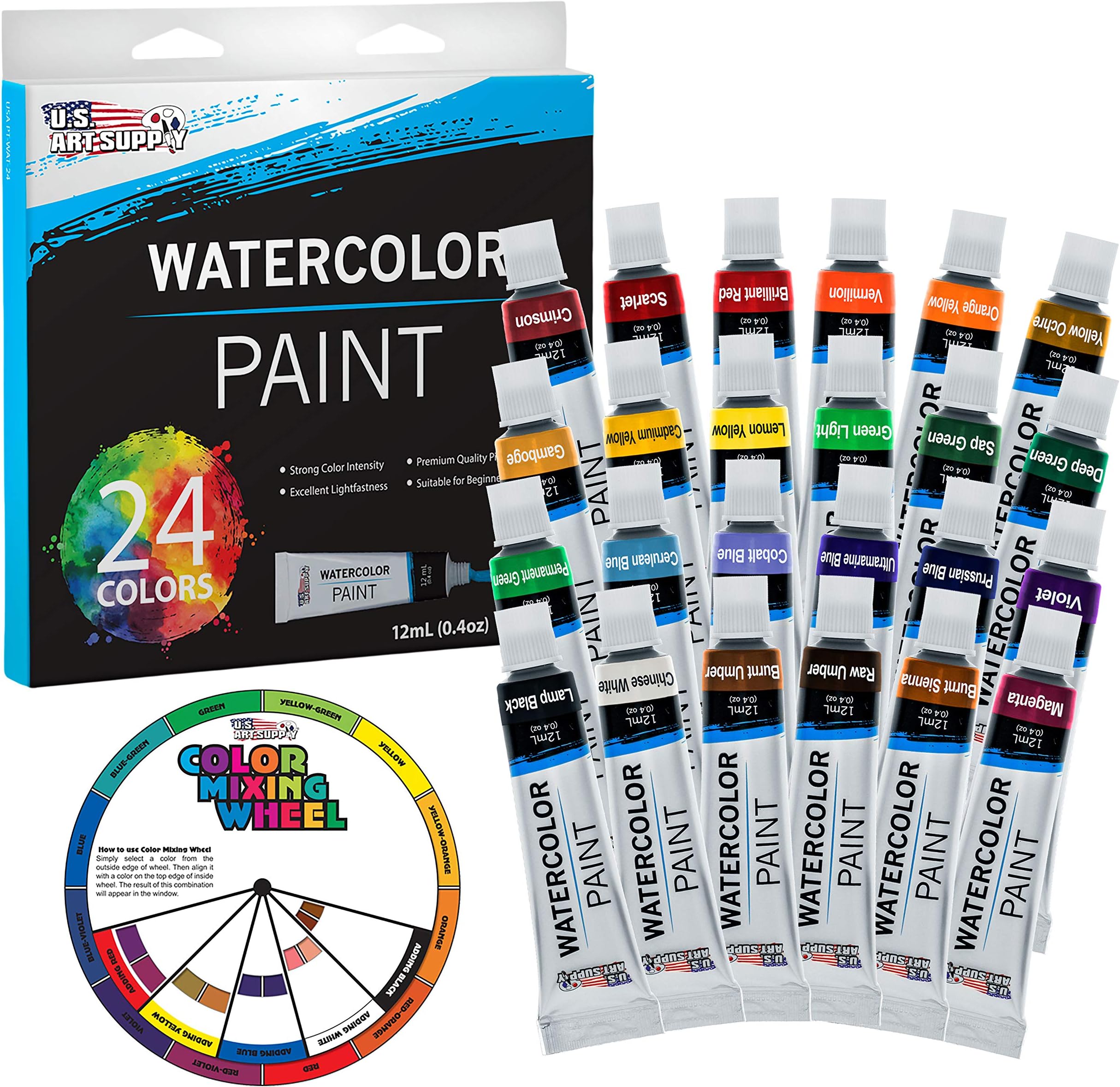 U.S. Art SupplyProfessional 24 Color Set of Watercolor Paint in 12ml Tubes - Vivid Colors Kit for Artists, Students, Beginners - Bonus Color Mixing Wheel