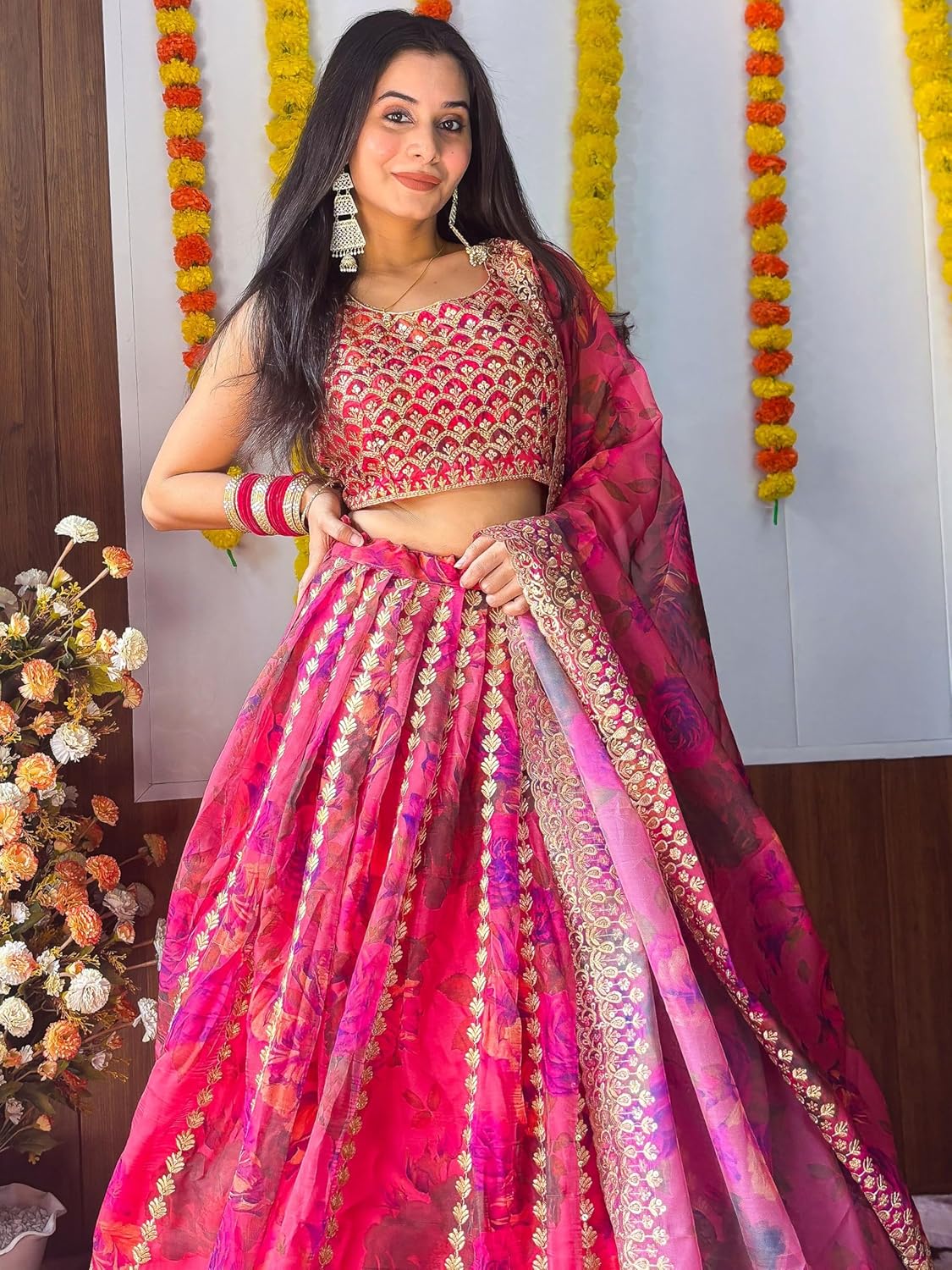 Woman's Stunning Pink Floral Printed Organza Bridesmaid Lehenga Choli.