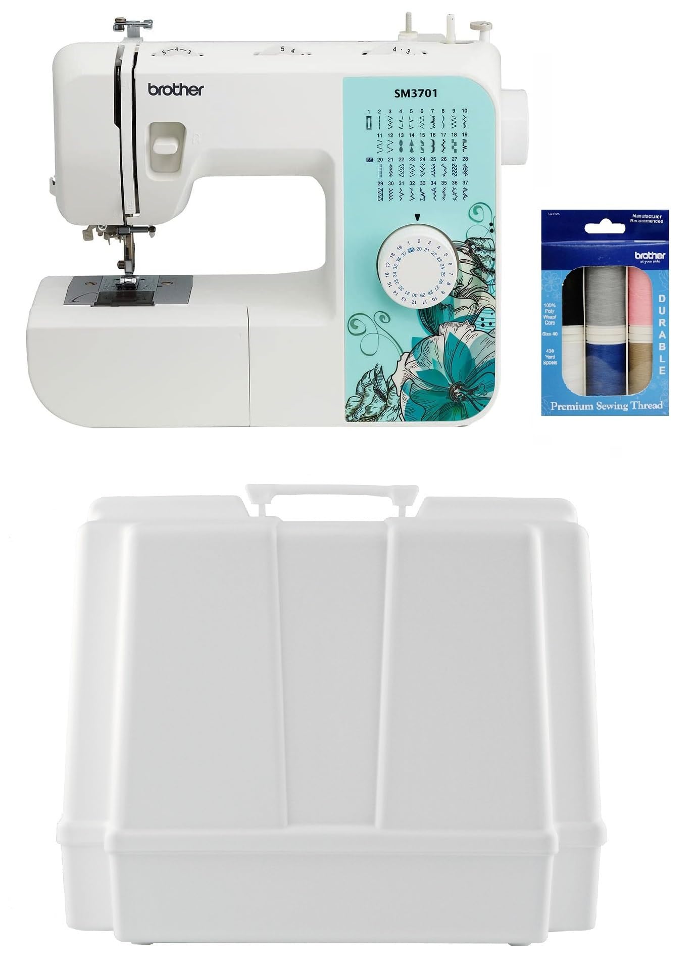 Brother SM3701 37-Stitch Free Arm Sewing Machine and Hard Plastic Storage and Carry Case, Premium Sewing Thread 6-Pack Included