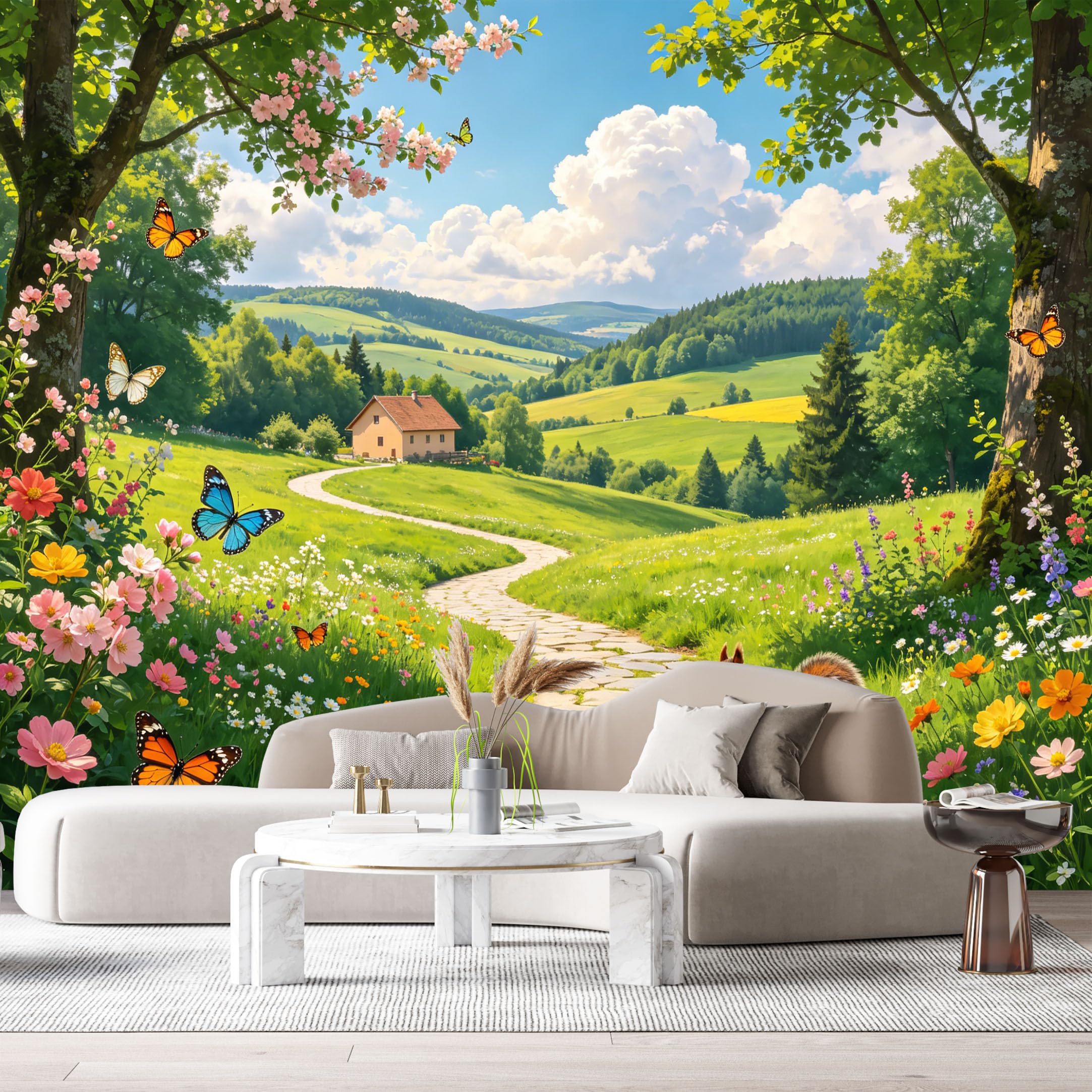 Custom Size Wall Murals Farmhouse Country Landscape Scenic Path Butterfly Squirrel SelfAdhesive Wall Fabric Removable Large Wallpaper for Photo Living Room