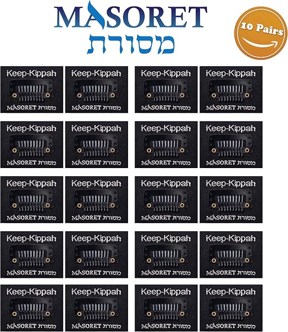 The Original Masoret Keep-Kippah Hair Clip Set: 10 Pair Durable Metal Head Fasteners with Matching Comb for Jewish Kippot, Kipa, Yamaka, Yarmulke Hats