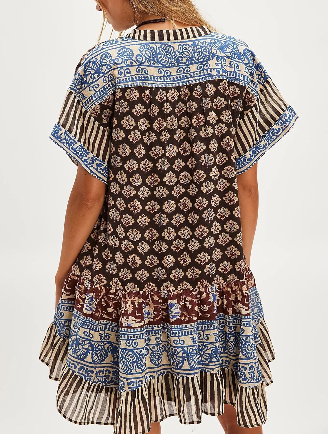 Women Boho Floral Babydoll Mini Dress Y2k Puff Sleeve Ruffle Flowy Short Dress Cute Summer V Neck Patchwork Dresses - Image 3