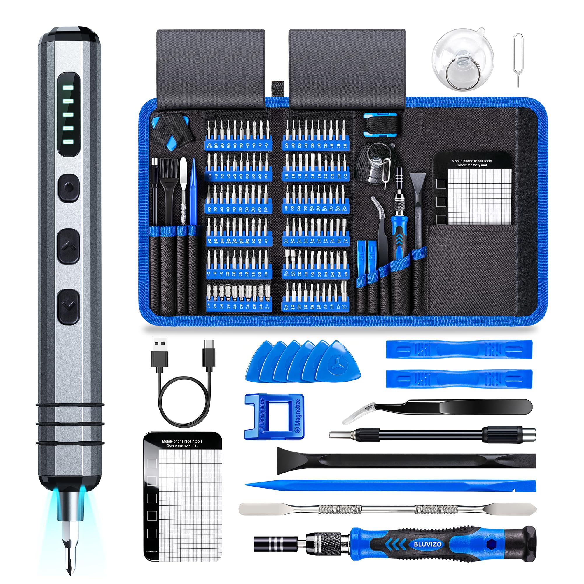Bluvizo Mini Electric Screwdriver Set: 140-IN-1 Precision Screwdriver Set Cordless for Small Electronics PC Phone - 120 Bits, 5 Torque Settings, LED Light, Instructions