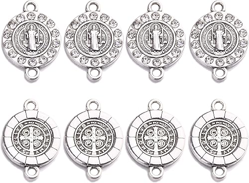 20 piezas de diamantes de imitación de plata antigua para uso religioso de San Benito Medallón de Pulsera Conector de Cuentas Redondas de Enlace de