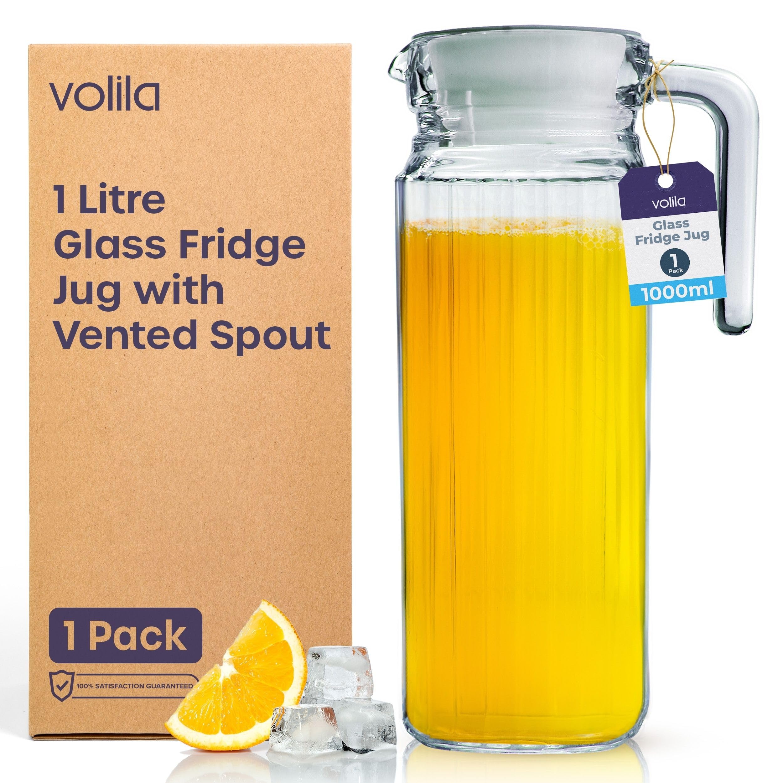 Fridge Jug 1L Glass Water Jug with Lid (1 Pack) - Clear Water Pitcher with Ribbed Glass Design & Handle for Fridge Shelf & Everyday Use with Vented Spout - Juices, Pimms & Picnics