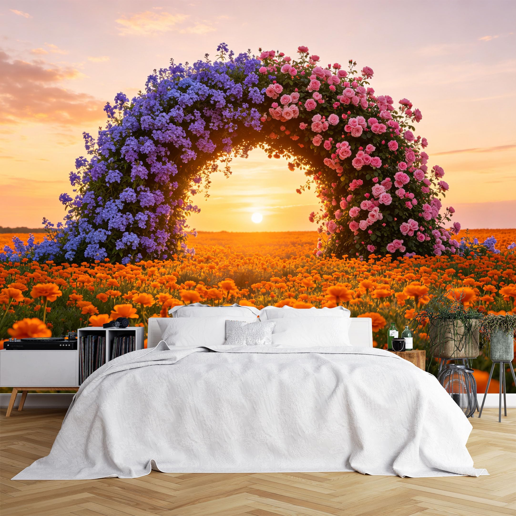 Lcythiazole Ch260615129 Custom Size Wall Murals Rose Bluebell Flower Arch Sunset Field Landscape Wall Murals Vivid Floral Wallpaper Home Decor Self-Adhesive Removable Wallpaper For Sunroom