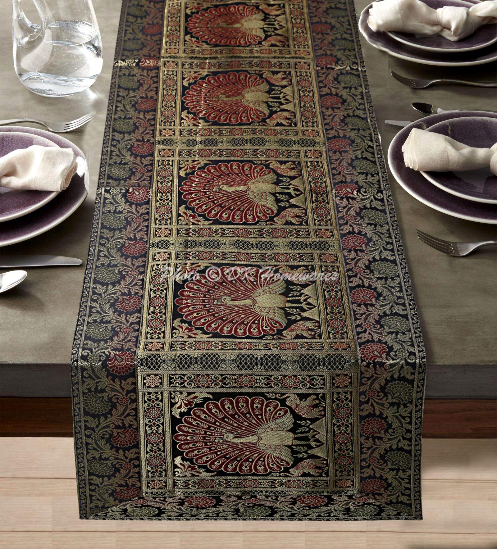 DK Homewares Indian Decorative Brocade Table Runner 150 cm Long Bohemian For Dresser Black And Gold Jacquard Dancing Peacock Floral Rectangle 5 Ft Home Decor Tablecloth (40x150 cm)