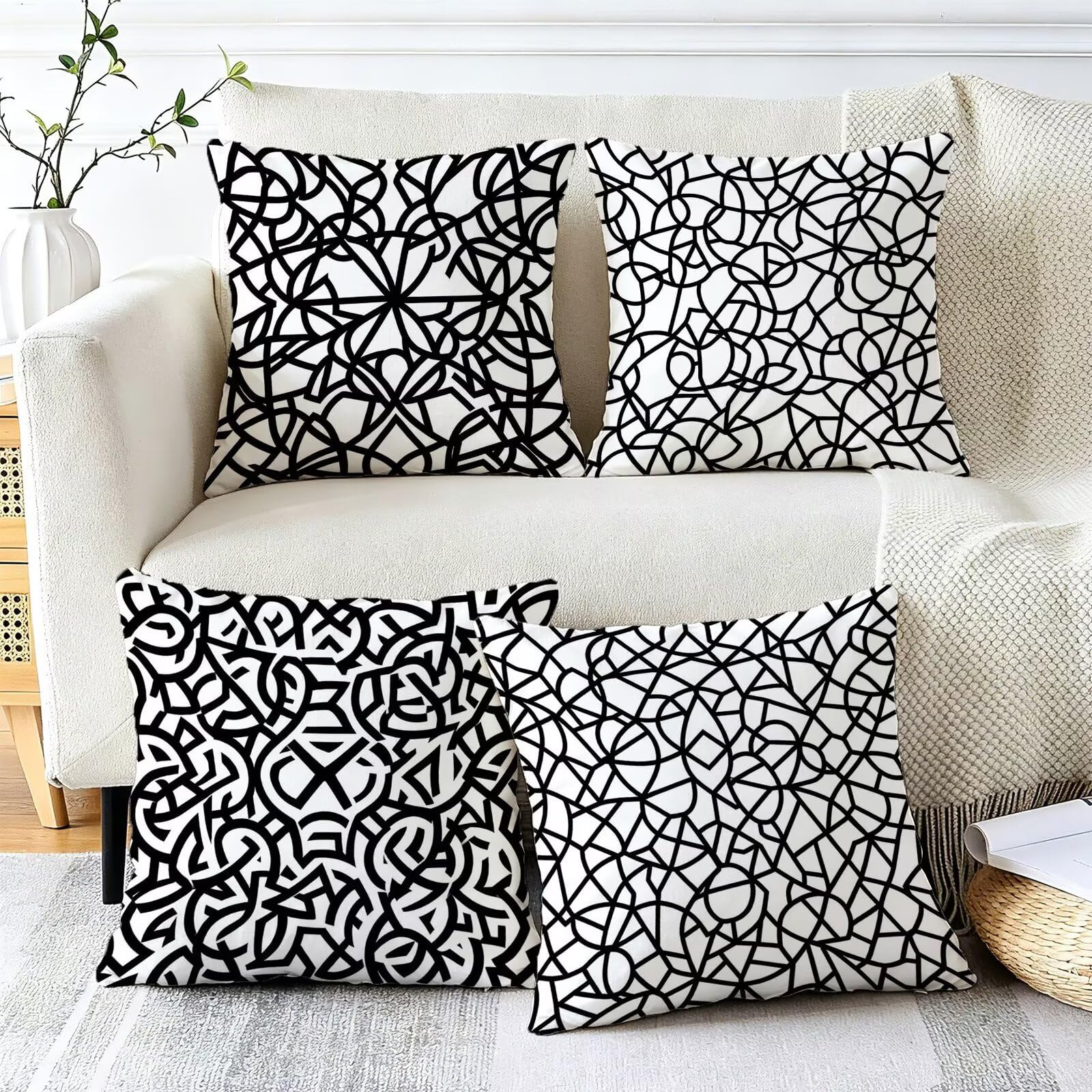 Cojines Exterior En Blanco Y Negro Funda Almohada 45x45 Juego de 4, Cod-493