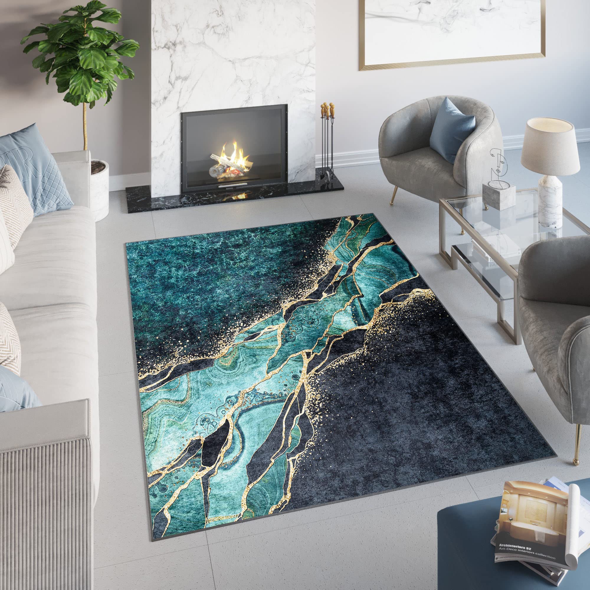 TAPISO Toscana Tappeto Soggiorno Antiscivolo Lavabile Pelo Corto Stampato Design Moderno Elegante Motivo Astratto Marmo tonalità Verde Smeraldo Oro Salotto Sala Camera 200 x 300 cm