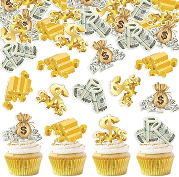 40Pcs Edible Riches Money Cupcake Topper Edible Pre-cut Dollar Gold Cupcake Picks for Banker Financier Wealthy Birthday Party Cupcake Decorations Bank Holiday Finance Gold Theme Party Decors Supplies