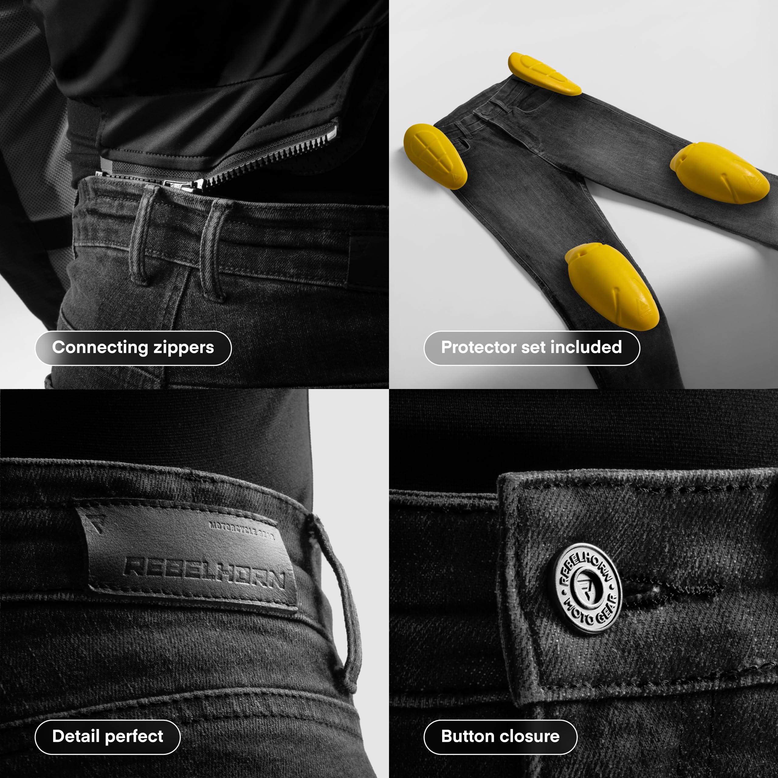 REBELHORN Classic Mono Jeansy motocyklowe Spodnie motocyklowe Męskie | Jednowarstwowe | Ochraniacze Kolan i Bioder poziomu 2 | Kieszeń na ochraniacz kości ogonowej | Regular Fit