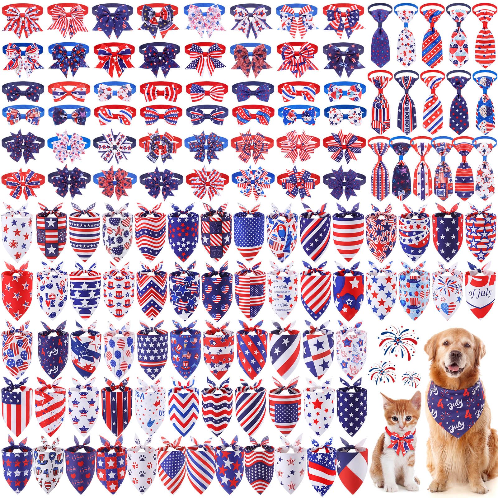 Hosuly 128 Pcs Patriotic Dog Bandanas Bulk Include Red White Blue Bandana 4th of July Bow Ties Collar American Flag Triangle Dog Kerchief Bib Scarf for Independence Day Pets Grooming Accessories