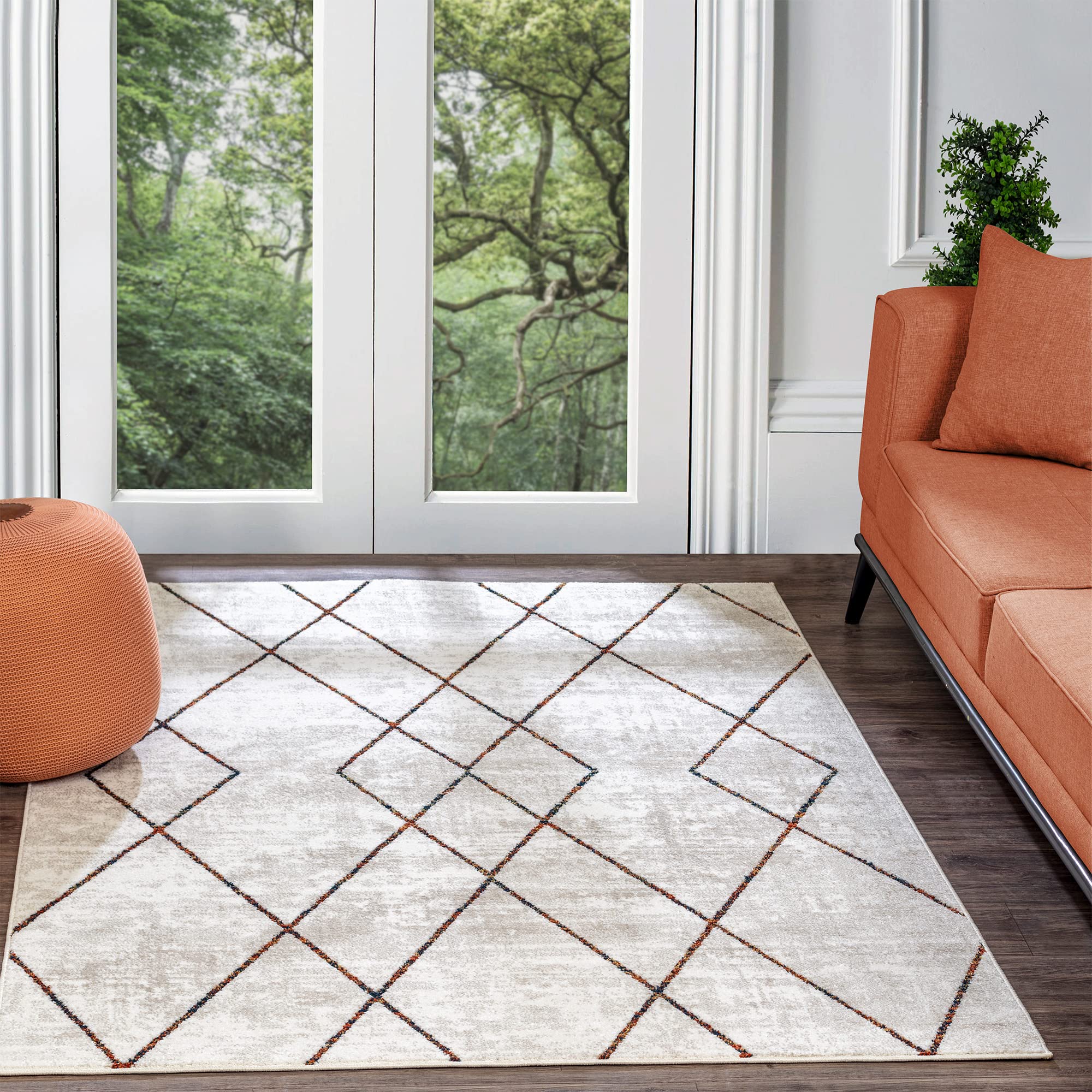 Livabliss Tornio Geometric Rug - Scandi Area Rugs Living Room 120x170 cm, Dining, Kitchen - Neutral, Abstract Patterned Rugs, Boho Style, Easy Care Pile - Large Rug, White, Blue and Ochre
