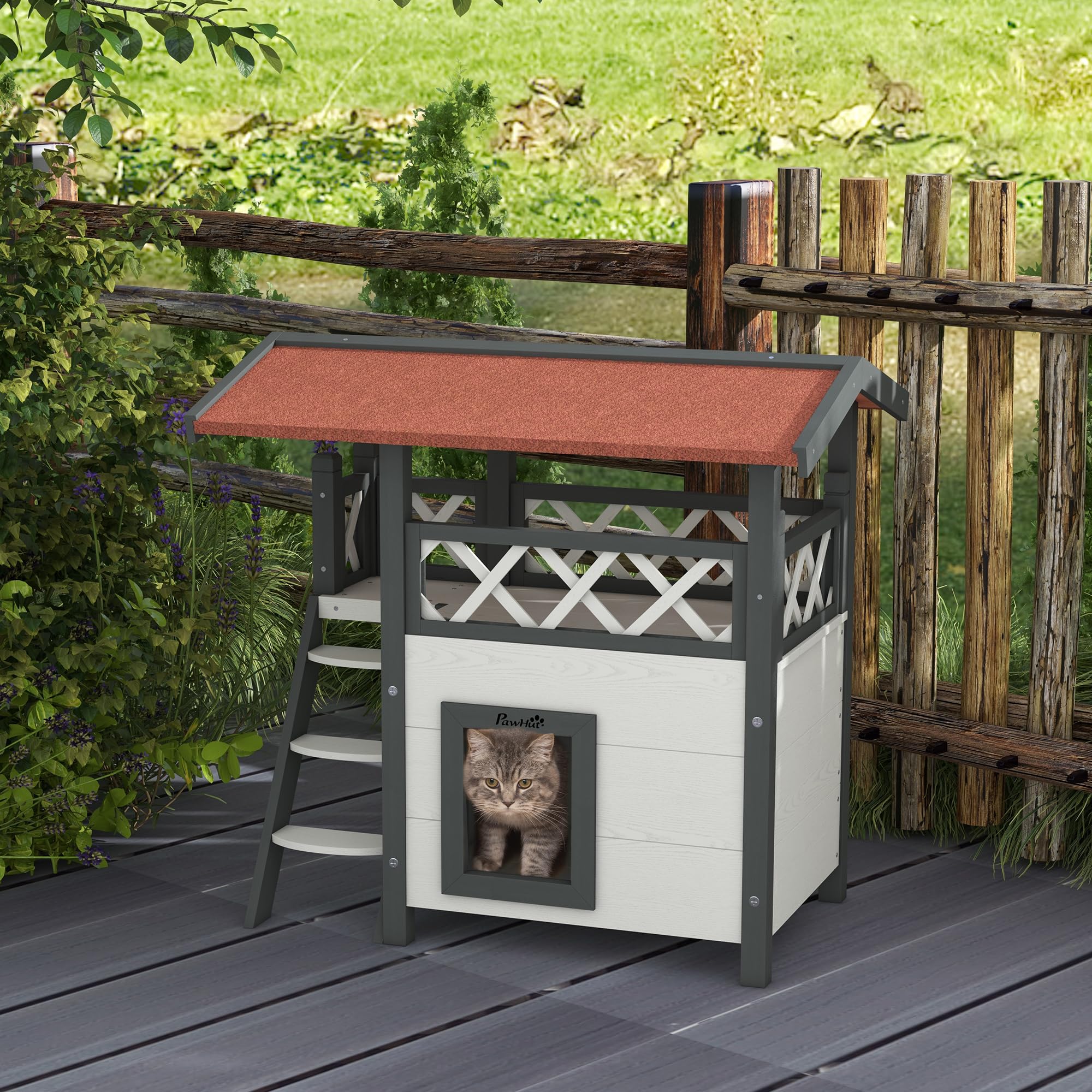 PawHut Casetta per Gatti da Esterno con Terrazza e Scaletta, Cuccia per Gatti e Piccoli Animali in Legno, 77x50x73cm, Bianco e Grigio