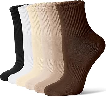 CS CELERSPORT Womens Mini Crew Ankle Socks with Scalloped Top,Pack of 6 | Pre-Washed Cotton Fabric,Seamless Toe,Casual Socks to Match Loafers,Birkenstocks and Boots for Daily Wear