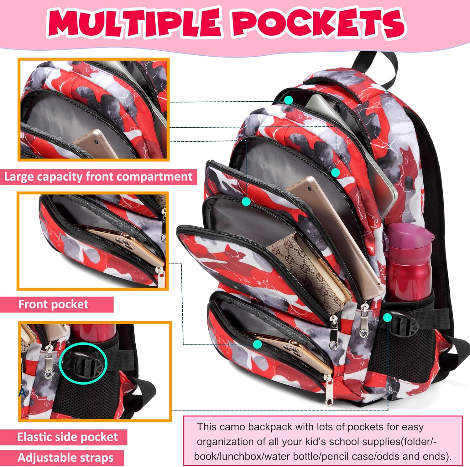 BLUEFAIRY Kids Backpack with Lunch Box for Boys Girls Elementary Middle School BookBags for Teens Childs Back to School Travel Gifts Large Campartments Padded Straps Sleeve Camo Red