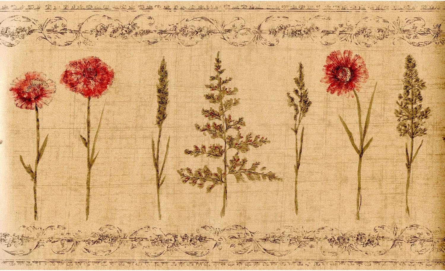 TRIMZ Botanical Wildflower Wallpaper Border – Rustic Floral & Grass Design with Antique Scroll Accents, Black Green Beige Cottage Farmhouse Wall Décor, Pre-Pasted, 15 ft x 10.25 in