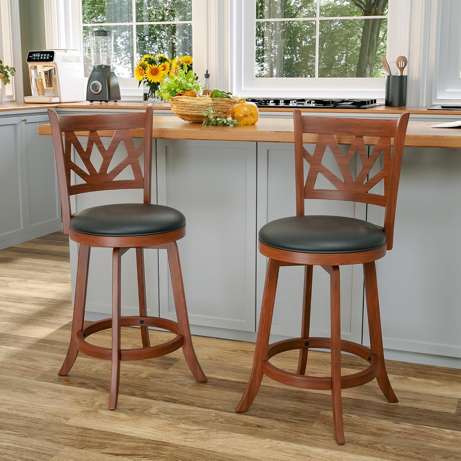 Betterhood Swivel Bar Stools - 24" Counter Height Swivel Barstools with Upholstered Seat & Solid Wood Footrest, Counter Bar Chairs for Kitchen Island & Pub (Rustic Brown, 24" - Set of 2)